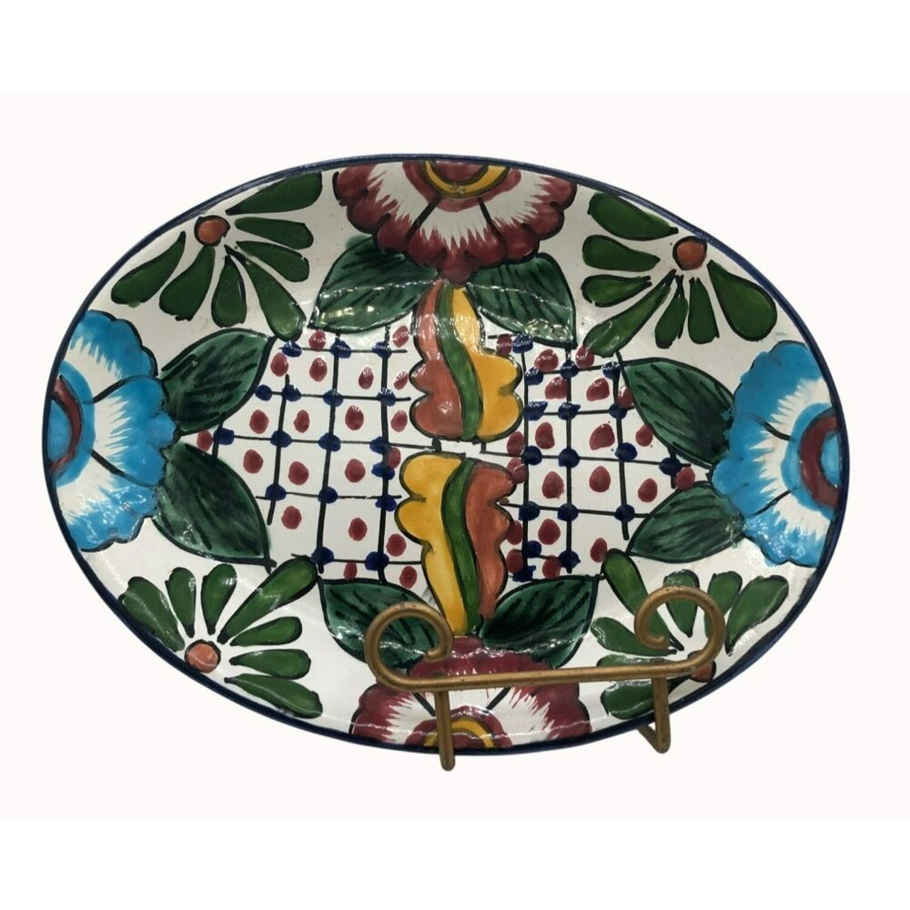 Vintage Oval Talavera Ceramic Dish 11x8 Inches Handmade In Mexico Multicolor Dec